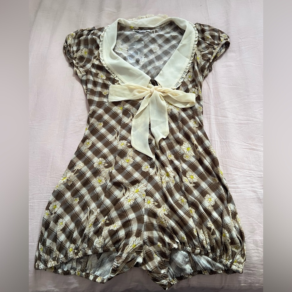 Kimchi Blue Brown and Cream Floral Checkered Romper